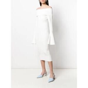 SOLACE LONDON Mori Midi Dress in Cream Off Shoulder Bell Sleeves Size S